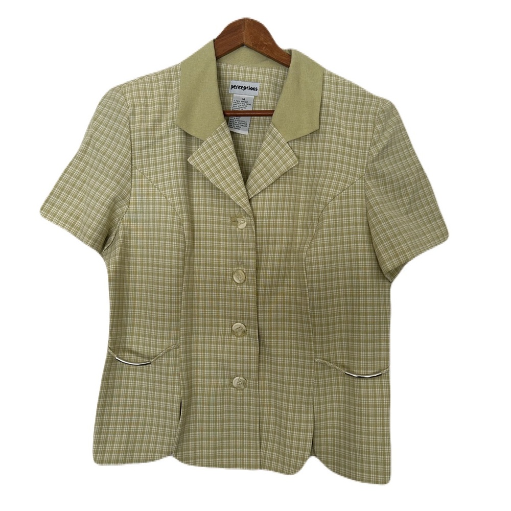 Perceptions Sz 14 Button Up Plaid Blouse Short Sleeve Blazer Shoulder Pads NEW